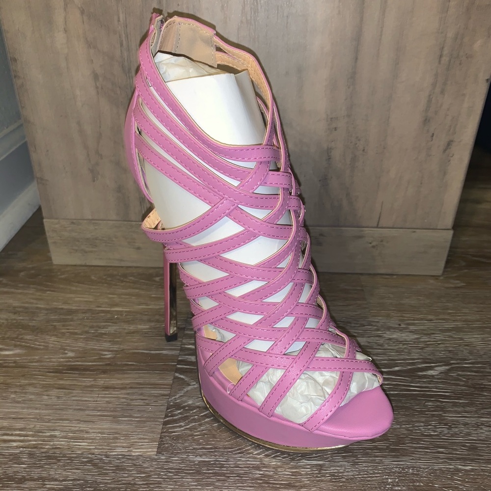 Fahrenheit Pink and Gold Platform Strapy Heel.